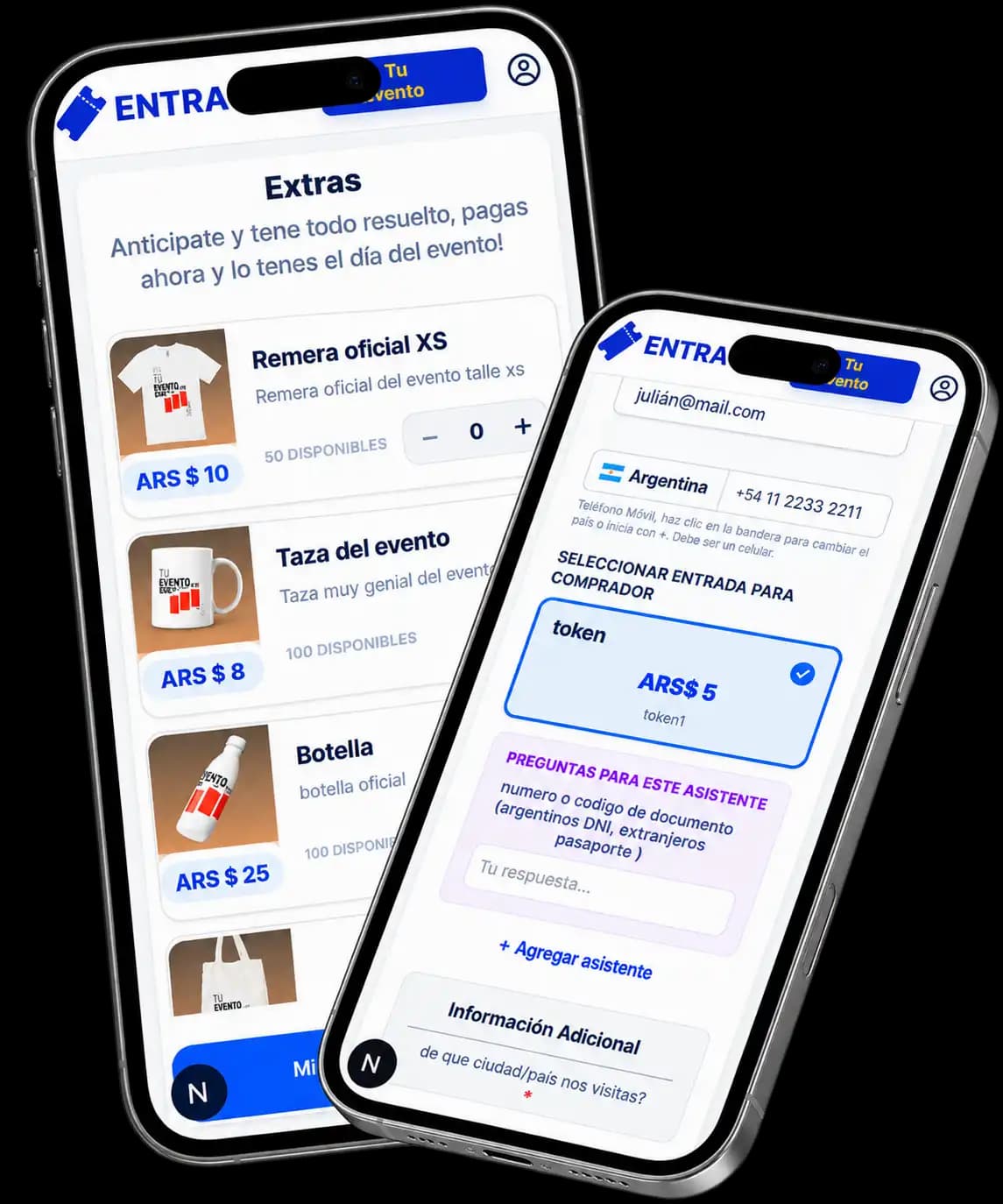 Carrito de compra con entradas, extras y preguntas personalizadas